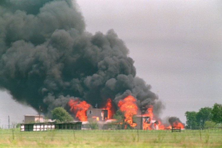 The Mount Carmel compound in flames during the WACO seige